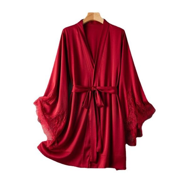 women's sleepwear female summer red nightgown lace decor satin cardigan robes with belt comfortable soft knee-length women, Black;red
women's sleepwear female summer red nightgown lace decor satin cardigan robes with belt comfortable soft knee-length women, Black;red