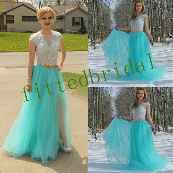 two piece side split prom dresses scalloped cap sleeves crystal lace evening gowns soft tulle see through women party dress, Black
two piece side split prom dresses scalloped cap sleeves crystal lace evening gowns soft tulle see through women party dress, Black