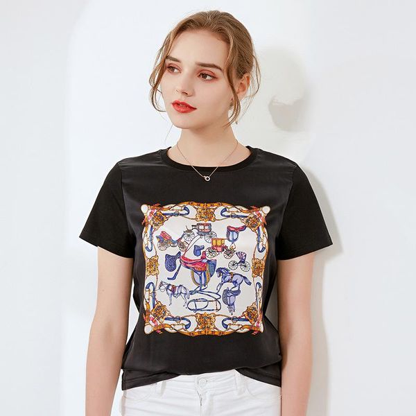 women's t-shirt silk printed short sleeve loose straight tube cotton knitted, White
women's t-shirt silk printed short sleeve loose straight tube cotton knitted, White