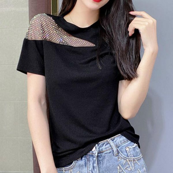women's t-shirt summer off shoulder women diamond mesh stitching short sleeve o-neck slim fashion high street black lace tee, White
women's t-shirt summer off shoulder women diamond mesh stitching short sleeve o-neck slim fashion high street black lace tee, White