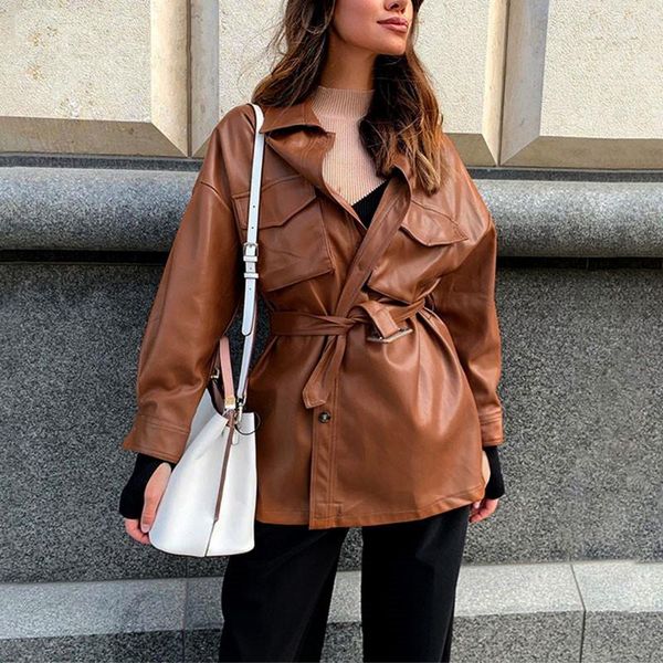women's leather & faux 2021 brown pu jacket women fashion coats female cool elegant tie belt waist coat ladies, Black
women's leather & faux 2021 brown pu jacket women fashion coats female cool elegant tie belt waist coat ladies, Black