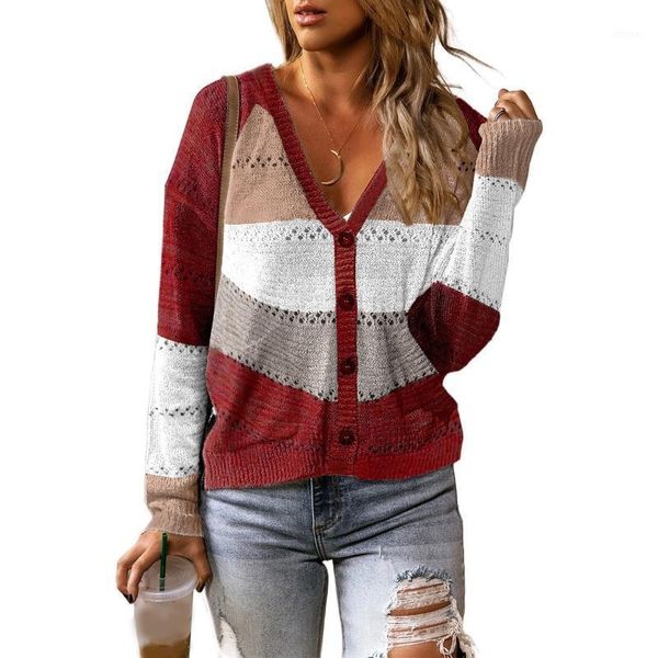 women long sleeve sweater v-neck button color block stripes hollow out knit e56b women's sweaters, White;black
women long sleeve sweater v-neck button color block stripes hollow out knit e56b women's sweaters, White;black