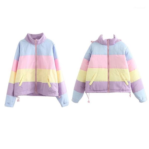 women winter padded puffer warm jacket rainbow stripes hooded coat drawstring loose full zip outerwear with pockets women's jackets, Black;brown
women winter padded puffer warm jacket rainbow stripes hooded coat drawstring loose full zip outerwear with pockets women's jackets, Black;brown