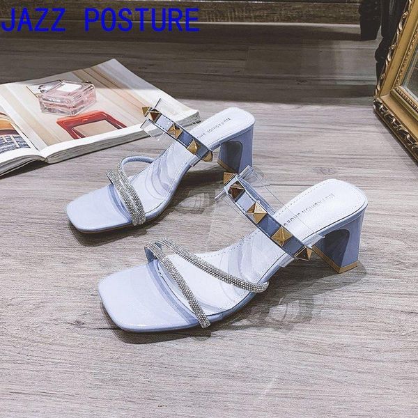 sandals sky blue thick heel slippers with rivets summer slipper w111, Black