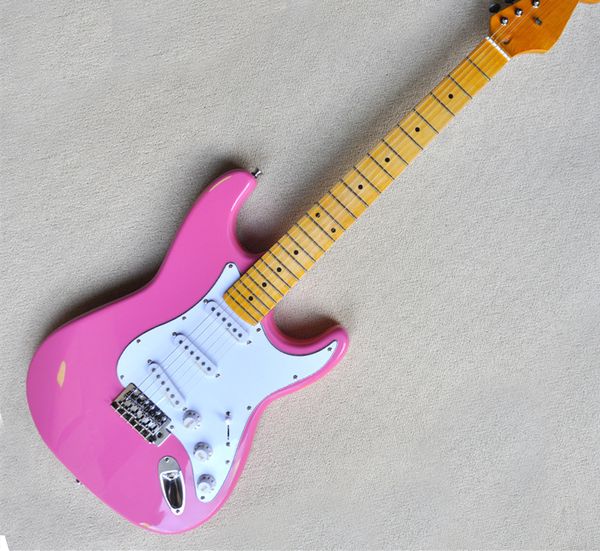 pink electric guitar with retro style, varnish maple neck and sliver hardware guita white pickups
pink electric guitar with retro style, varnish maple neck and sliver hardware guita white pickups