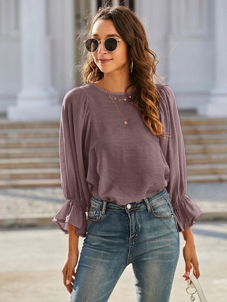 solid keyhole back flounce sleeve blouse i3k6#, White