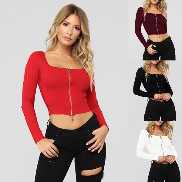 women's t-shirt solid color shirts u-neck front zipper open navel long sleeve elegant bodycon roupas, White
women's t-shirt solid color shirts u-neck front zipper open navel long sleeve elegant bodycon roupas, White