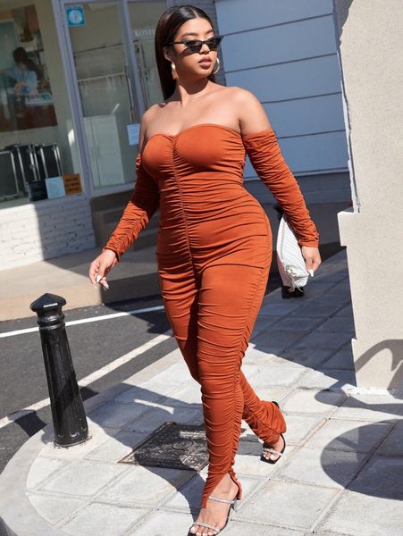 plus off the shoulder ruched slit hem jumpsuit m0zk#, Black 
plus off the shoulder ruched slit hem jumpsuit m0zk#, Black