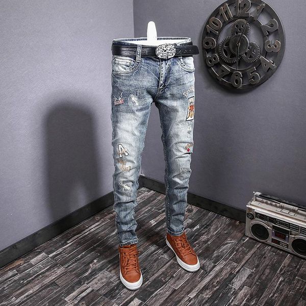 luren tide brand fashion jeans men's personalized embroidered ripped slim fit youth tapered pants casual for men, Blue
luren tide brand fashion jeans men's personalized embroidered ripped slim fit youth tapered pants casual for men, Blue
