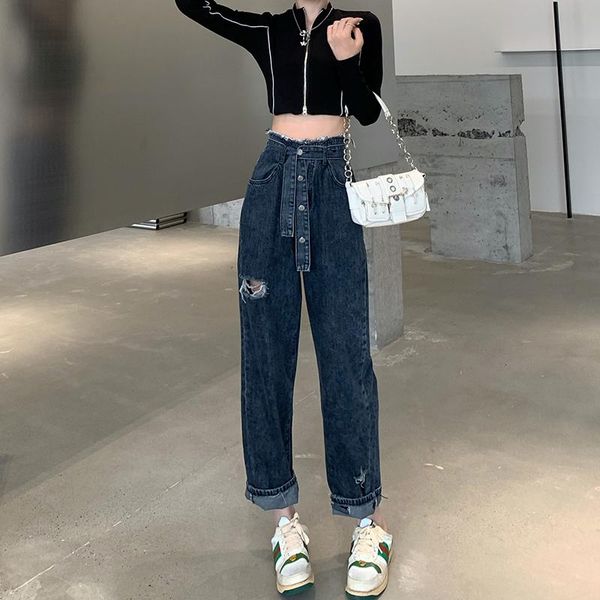 women's jeans korean autumn vintage water wash burrs cowboy trousers frayed buttons belt high waist loose hole denim wide leg pants for, Blue
women's jeans korean autumn vintage water wash burrs cowboy trousers frayed buttons belt high waist loose hole denim wide leg pants for, Blue