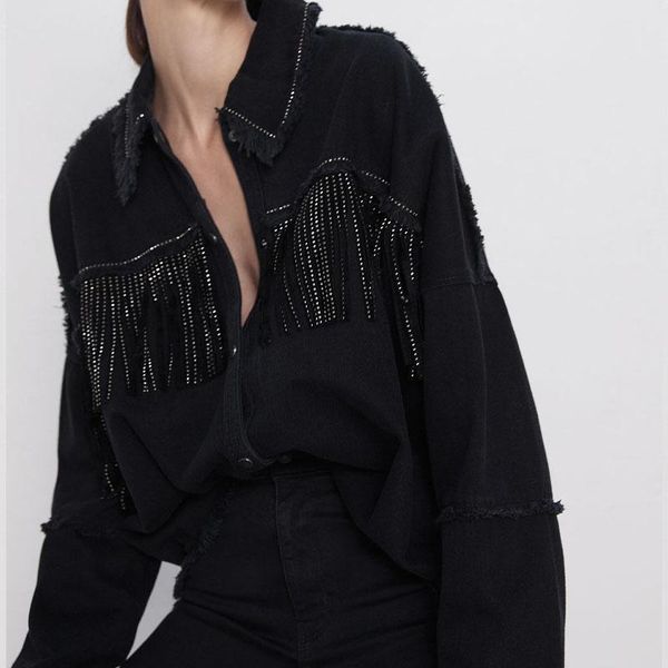 women's jackets denim jacket clothing 2021 autumn fashion women edge splicing tassel casual jean, Black;brown
women's jackets denim jacket clothing 2021 autumn fashion women edge splicing tassel casual jean, Black;brown