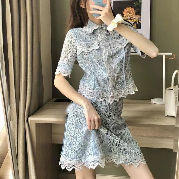 fashion blue summer lace two piece women hollow out shirt + high waist a-line flower sweet skirt set, White
fashion blue summer lace two piece women hollow out shirt + high waist a-line flower sweet skirt set, White