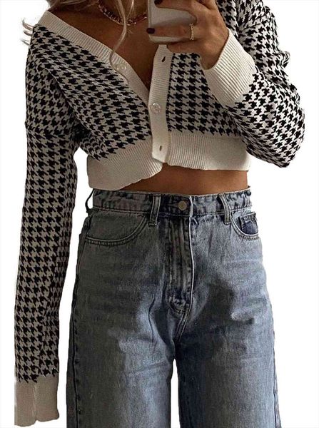 female crop women s sweaters houndstooth print v neck long sleeve coat blouse for fall, black white, l, White;black
female crop women s sweaters houndstooth print v neck long sleeve coat blouse for fall, black white, l, White;black