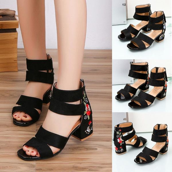 women summer zipper embroidery square heel breathable sandals high shoes fashion toe british wind apr 11, Black
women summer zipper embroidery square heel breathable sandals high shoes fashion toe british wind apr 11, Black