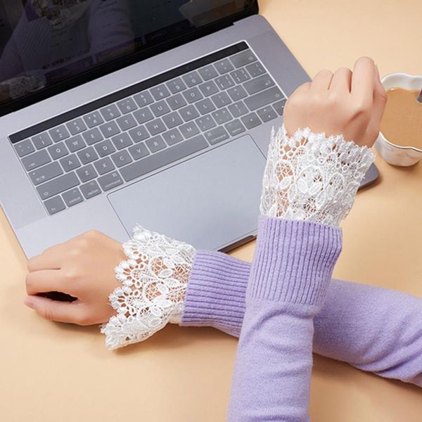 

five fingers gloves women decorative layered horn cuffs bracelet hollow out embroidery leaves lace fake sleeves detachable adjustable button, Blue;gray