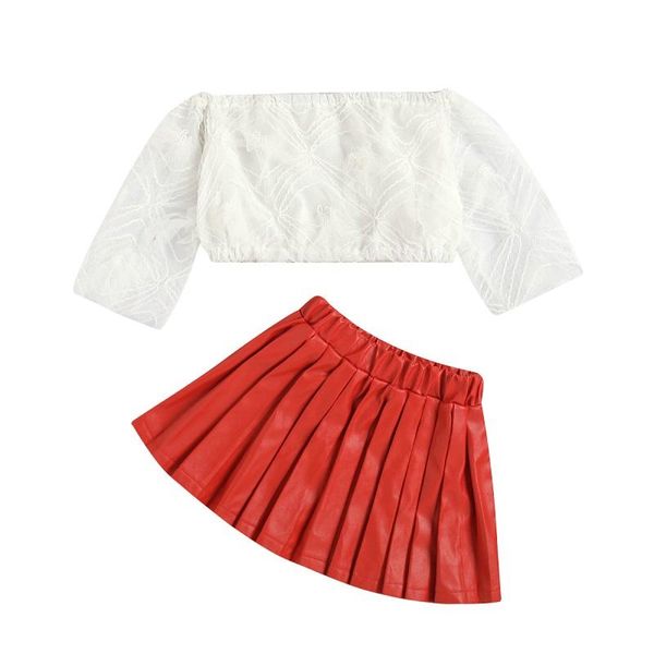clothing sets 1-6y toddler kids baby girl off shoulder lace pu leather pleated skirt 2pcs outfits girls set, White
clothing sets 1-6y toddler kids baby girl off shoulder lace pu leather pleated skirt 2pcs outfits girls set, White