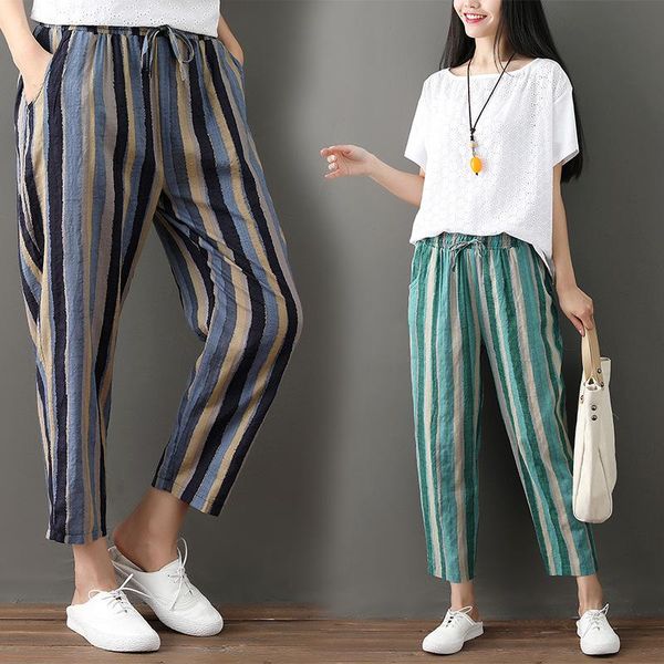 women's pants & capris striped cotton and linen loose thin elastic waist women harem 2021 summer style, Black;white
women's pants & capris striped cotton and linen loose thin elastic waist women harem 2021 summer style, Black;white