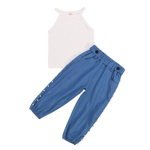 clothing sets 2021 1-6y fashion kids girl set summer sleeveless white slim vest+pearls high waist loose pants children 2pcs