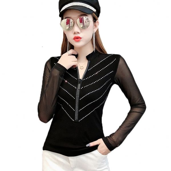 women's t-shirt korean fashion mesh stand zipper diamonds tshirt autumn winter women back camiseta mujer base shirt tees, White
women's t-shirt korean fashion mesh stand zipper diamonds tshirt autumn winter women back camiseta mujer base shirt tees, White