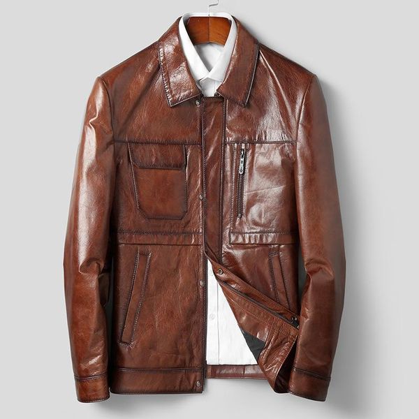 men's leather & faux men oil wax head layer cowhide zipper placket lapel printed lining garment jacket, Black
men's leather & faux men oil wax head layer cowhide zipper placket lapel printed lining garment jacket, Black