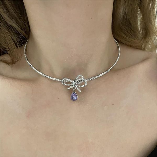 pendant necklaces minar luxury sparkly purple crystal bowknot choker necklace for women hollow out rhinestone waterdrop jewellery, Silver
pendant necklaces minar luxury sparkly purple crystal bowknot choker necklace for women hollow out rhinestone waterdrop jewellery, Silver