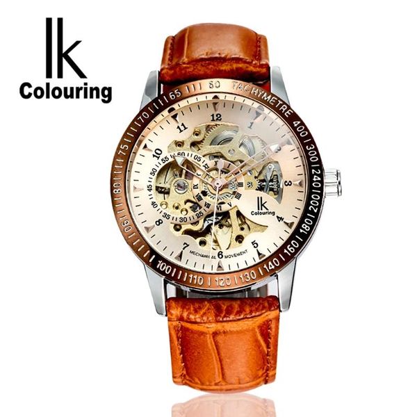 wristwatches reloj hombre ik colouring stylish skeleton mens automatic mechanical wristwatch leather strap white dial golden movement 98226g, Slivery;brown 
wristwatches reloj hombre ik colouring stylish skeleton mens automatic mechanical wristwatch leather strap white dial golden movement 98226g, Slivery;brown