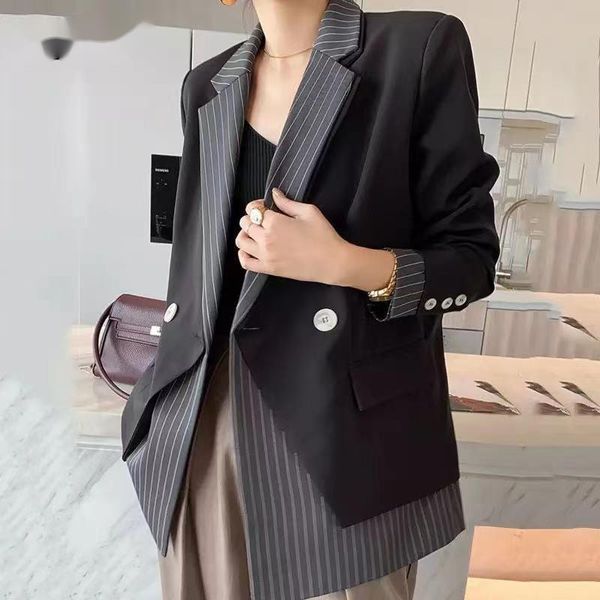 women's shorts liscn woman blazer coat striped patchwork notched long sleeve button loose office lady style jackets 2021 autumn fashion, White;black
women's shorts liscn woman blazer coat striped patchwork notched long sleeve button loose office lady style jackets 2021 autumn fashion, White;black