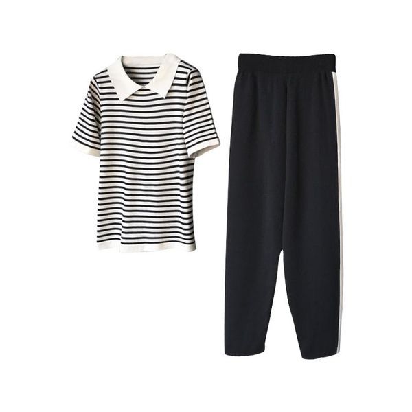 summer women sports suit stripes turn-down collar short sleeve knitted t-shirt+patchwork long pants sport 2pcs women's tracksuits, Gray 
summer women sports suit stripes turn-down collar short sleeve knitted t-shirt+patchwork long pants sport 2pcs women's tracksuits, Gray