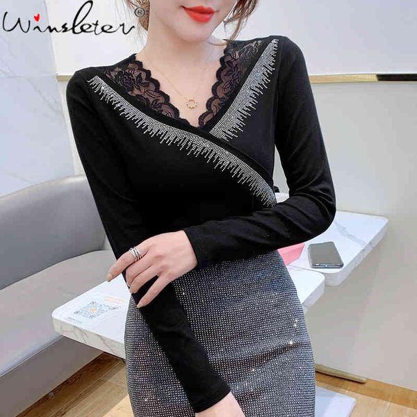 women's t-shirt spring fall korean style girls fashion v-neck shiny patchwork lace diamonds women all match tees 2021 t1, White
women's t-shirt spring fall korean style girls fashion v-neck shiny patchwork lace diamonds women all match tees 2021 t1, White