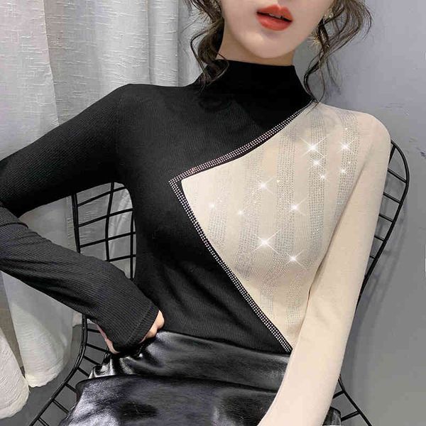 women's t-shirt spring european clothes shiny tees mock neck t-shirt women fashion diamonds slim ropa mujer bottoming shirt t, White
women's t-shirt spring european clothes shiny tees mock neck t-shirt women fashion diamonds slim ropa mujer bottoming shirt t, White