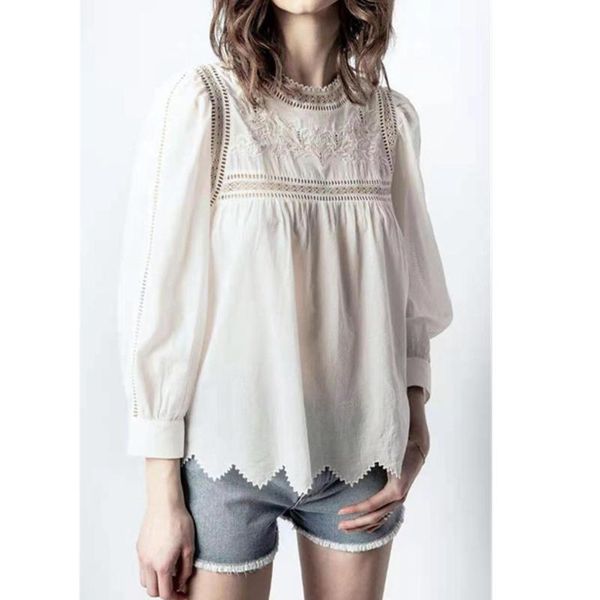 women's blouses & shirts 2021 spring and summer fashion embroidery hollow inlaid lace serrated hem loose versatile solid color shirt, White
women's blouses & shirts 2021 spring and summer fashion embroidery hollow inlaid lace serrated hem loose versatile solid color shirt, White