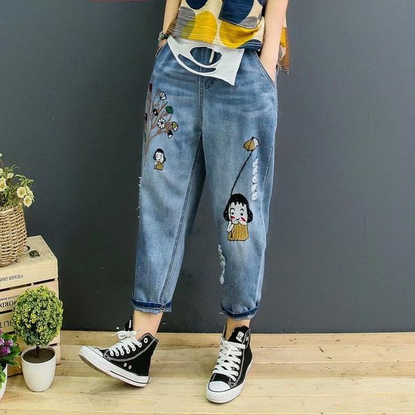 National Wind Cute Cartoon Embroidery Womens Jean Hole Elastic Waist Harem Denim Pants Casual Loose Water Washed Trousers, Blue
National Wind Cute Cartoon Embroidery Womens Jean Hole Elastic Waist Harem Denim Pants Casual Loose Water Washed Trousers, Blue