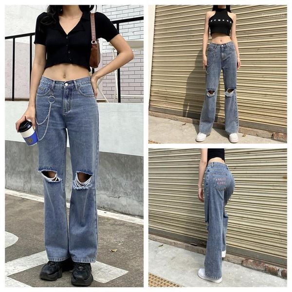women spring jeans, letters print middle-waist ripped loose straight-leg pants with pockets for girls, blue women's jeans
women spring jeans, letters print middle-waist ripped loose straight-leg pants with pockets for girls, blue women's jeans