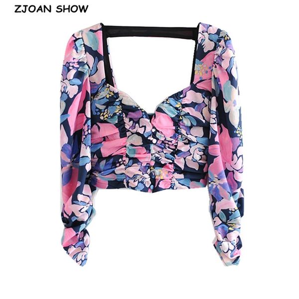 women's blouses & shirts 2021 retro long sleeve floral print pleated ruched cropped shirt women square collar backless slim waist, White
women's blouses & shirts 2021 retro long sleeve floral print pleated ruched cropped shirt women square collar backless slim waist, White
