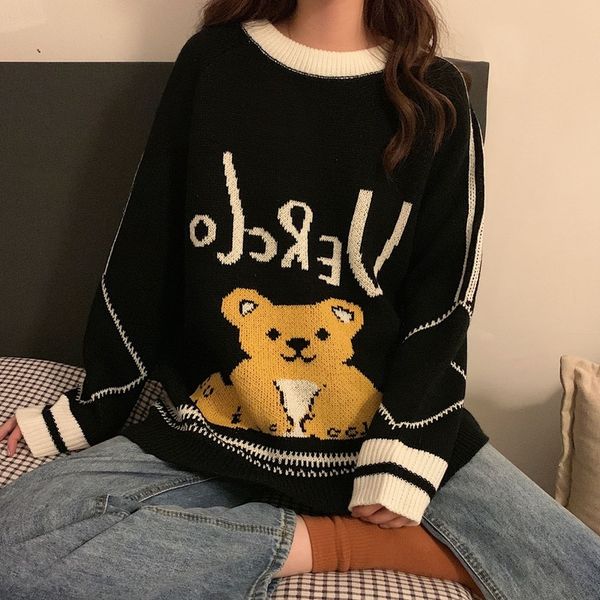 women's sweaters female sweater autumn/winter lazy japanese style wind pulvering around the neck retro student bear loose 2spo, White;black
women's sweaters female sweater autumn/winter lazy japanese style wind pulvering around the neck retro student bear loose 2spo, White;black