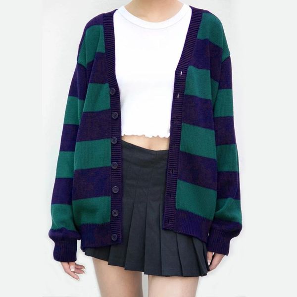 women's knits & tees women v-neck button up striped cardigan oversized knit a681, White
women's knits & tees women v-neck button up striped cardigan oversized knit a681, White