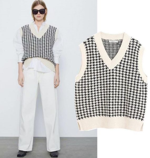 women fashion oversized houndstooth knitted vest sweater vintage sleeveless side vents female waistcoat chic, White;black
women fashion oversized houndstooth knitted vest sweater vintage sleeveless side vents female waistcoat chic, White;black