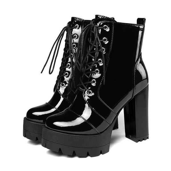 boots discvry thick high heeled female patent leather ankle round toe lace-up zipper women short gothic shoes, Black
boots discvry thick high heeled female patent leather ankle round toe lace-up zipper women short gothic shoes, Black