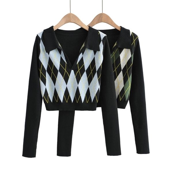 spring diamond lattice long sleeve sweater pullovers fashion turn down collar short style knit shirt for female 210524, White;black
spring diamond lattice long sleeve sweater pullovers fashion turn down collar short style knit shirt for female 210524, White;black