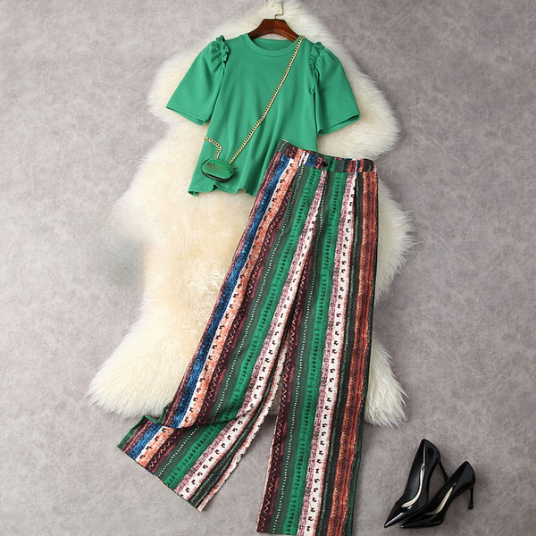 2021 summer short sleeve round neck green pure color t-shirt with chains + striped print wide leg trousers long pants two piece suits 2 piec, White
2021 summer short sleeve round neck green pure color t-shirt with chains + striped print wide leg trousers long pants two piece suits 2 piec, White