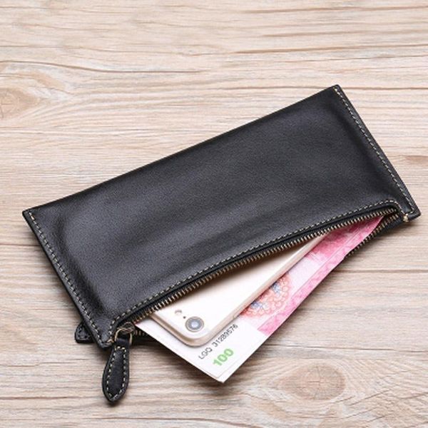 wallets wallet men's long leather ultra-thin zipper female head layer cowhide youth simple handbag trend, Red;black