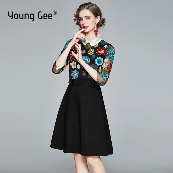 young gee fashion designer runway vintage mini dress women 3/4 sleeve turn-down collar lace embroidery flower mesh dresses casual, Black;gray
young gee fashion designer runway vintage mini dress women 3/4 sleeve turn-down collar lace embroidery flower mesh dresses casual, Black;gray