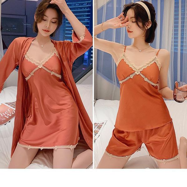 orange women lace floral trim robe set 4pcs satin bathrobe gown v-neck sling nightgown nightdress pajamas suit lounge home dress women', Black;red
orange women lace floral trim robe set 4pcs satin bathrobe gown v-neck sling nightgown nightdress pajamas suit lounge home dress women', Black;red
