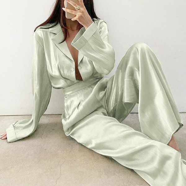 women's tracksuits satin solid autumn sets v-neck single breasted and high waist wide leg pants female set cq20211023, Gray
women's tracksuits satin solid autumn sets v-neck single breasted and high waist wide leg pants female set cq20211023, Gray