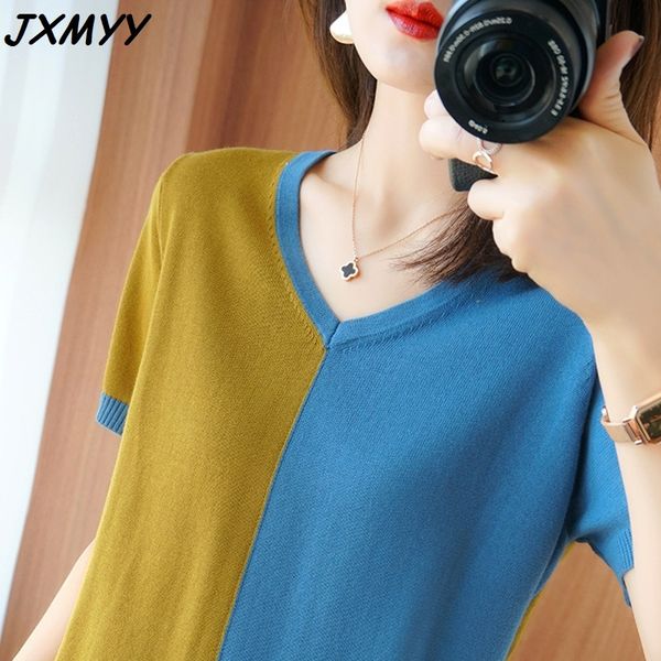 summer knitted short-sleeved women's loose color matching v-neck drop-shoulder shirt cotton fashion retro t-shirt trend 210412, White
summer knitted short-sleeved women's loose color matching v-neck drop-shoulder shirt cotton fashion retro t-shirt trend 210412, White