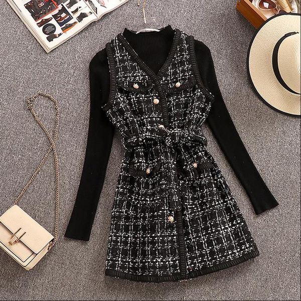 autumn winter 2 piece outfits womens dresses blcak slim knitted sweater tweed single breasted plaid vest woolen belt dress set, White
autumn winter 2 piece outfits womens dresses blcak slim knitted sweater tweed single breasted plaid vest woolen belt dress set, White