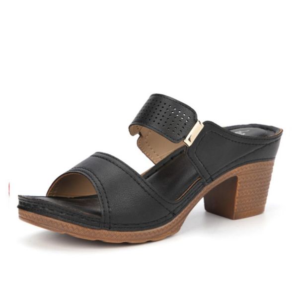 women sandals pu leather heel casual high heels summer pumps shoes size 41 c163 slippers, Black