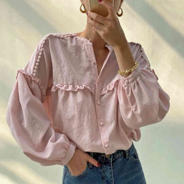 spring ladies korean sweet pink blouse round neck single-breasted fold stitching loose wild long-sleeved shirt women 210510, White
spring ladies korean sweet pink blouse round neck single-breasted fold stitching loose wild long-sleeved shirt women 210510, White
