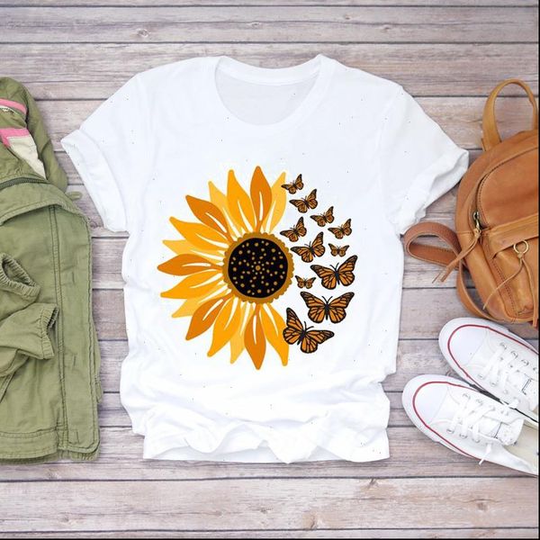 butterfly sunflower short sleeve summer women t shirt fall print graphic tee, White 
butterfly sunflower short sleeve summer women t shirt fall print graphic tee, White