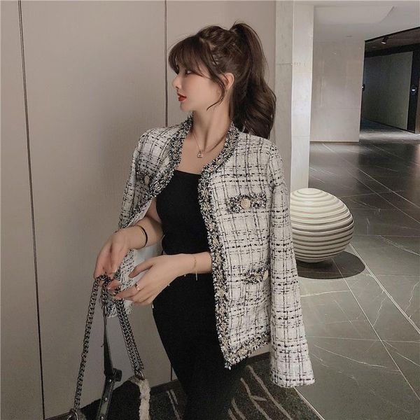 women's wool & blends jacket woman retro 2021 autumn korean fashion loose tweed temperament slim cardigan clothes round neck lattice, Black
women's wool & blends jacket woman retro 2021 autumn korean fashion loose tweed temperament slim cardigan clothes round neck lattice, Black